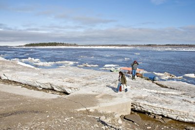 Ice slabs along shoreline at public dock site