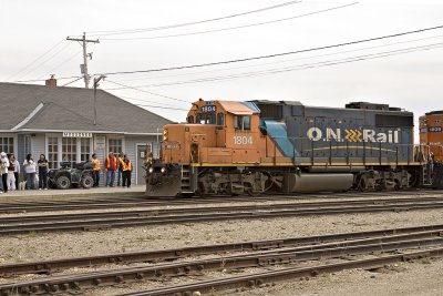 Arrival of mixed train 421 in Moosonee.