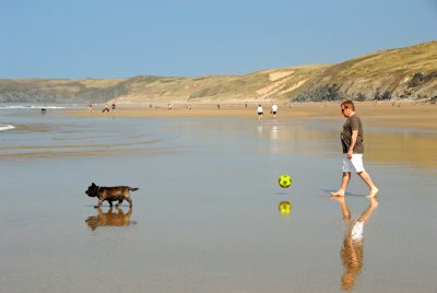 Man with Dog & Ball at Perranporth