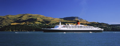 Queen Elizabeth 2 sails from Lyttelton, Canterbury, New Zealand.