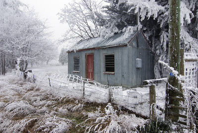 Roadside shed in hoarfrost at Fruitlands Central Otago, New Zealand