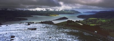View over Akaroa Harbour in winter, Canterbury, New Zealand