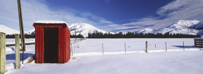 Red shed in white snow, Canterbury, New Zealand