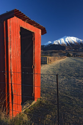 Red roadside shed near Springfield, Canterbury, New Zealand