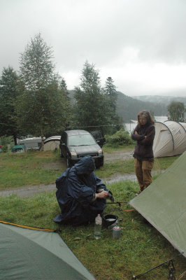 Preparing coffee on a misty morning