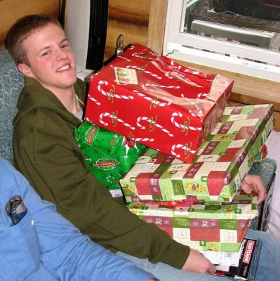 Derek loaded with gifts