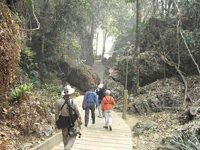 Birding on the temple steps at Chiang Dao, a good spot for Streaked Wren-babbler.