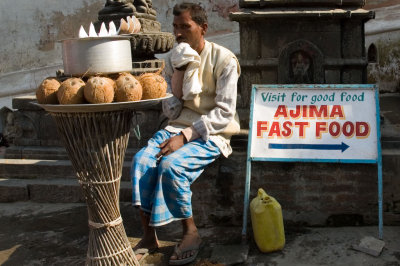 Seller of fresh coconut slices, Swayambhunath (aka the Monkey Temple)