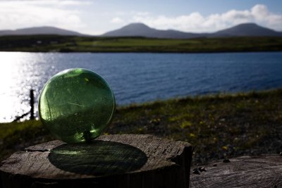 Glass fishing float on log