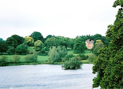 Linlithgow Palace, view across Linlithgow Loch to a manor house