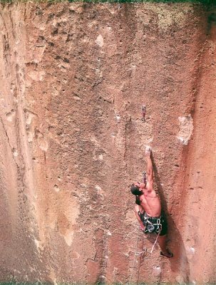 Lee Brinckerhoff on Virgin No More 5.12+ in Penitente Canyon CO