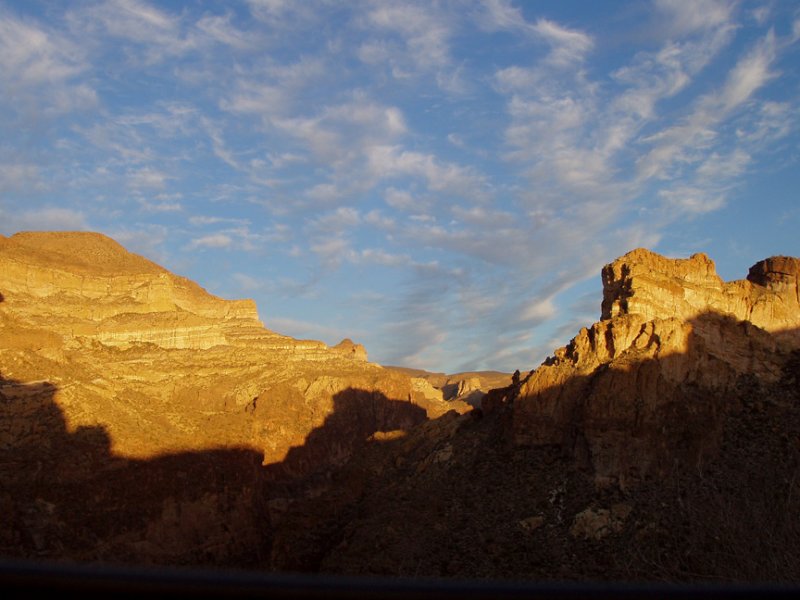 Late afternoon sun on distant igneous formations