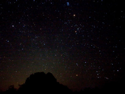 Perseid meteor near Aldebaran and Mars.  Note hint of zodiacal light approaching Mars.