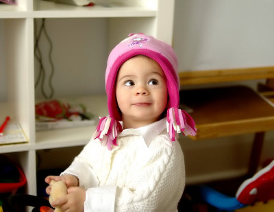 Pink hat - looks to mommy