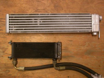 RX-7 FC oil cooler (top) compared to stock 240 turbo unit.