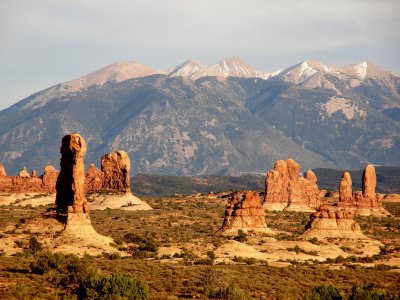 The Arches NP  Rock formations with La Sal Mountains in background