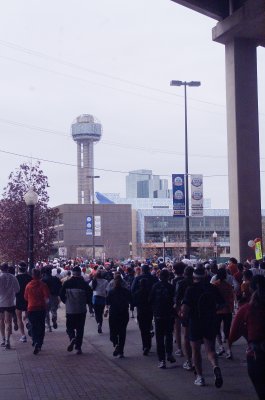 ReUnion Tower in the Background as the Runners Pass under Woodall Rogers Expressway