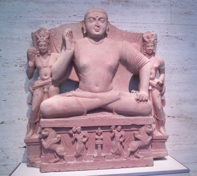 Seated Buddha with Two Attendants, 82 AD, India, Uttar Pradesh, Mathura, Kushan period
