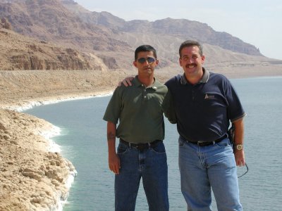 Me (right), and a colleague Ray on the Dead Sea, Jordan