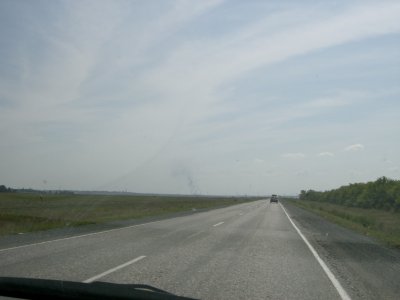 Approaching Troitsk, the border town.  Smokestacks can just be seen.