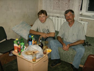 Two of the microlight pilots at motel, Kostanai