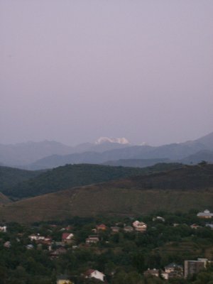 Evening view from hotel, snow on mountains
