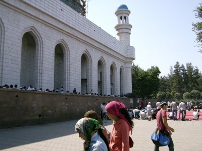 Outside main mosque, Almaty. Friday prayers