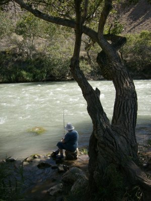 OLd lady fishing in the Charyn River