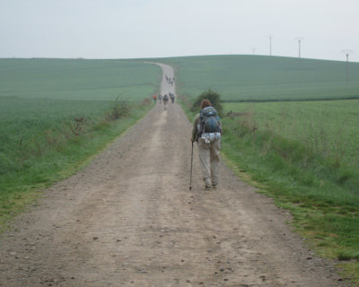 Cathy walking the meseta near Graņon