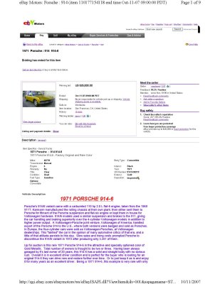 1971 Porsche 914-6 sn 914.143.0219 eBay $25,000 10112007 - Page 1