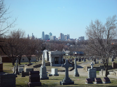 One of Kansas City's oldest cemeteries, looking west into downtown.