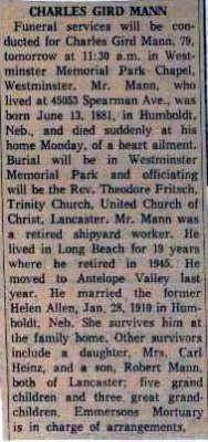 Charles Gird Mann Obituary