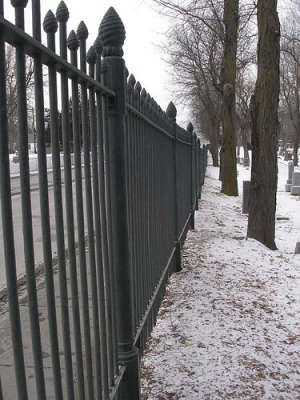 This shot was taken from the Wyuka Website. It shows the fence running east & west along O Street in Lincoln. This fence also represents the southern boundary for the cemetery. Originally this fence was used to keep cattle off the grounds of the University of Nebraska, Lincoln circa 1880. Wyuka was founded as a place of rest for fallen soldiers of the War of the Rebellion. Counteless ancestors from many of my lines rest inside this fence.