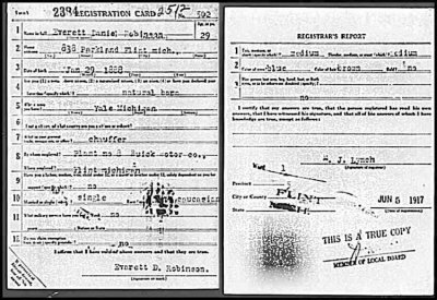 Everett D. Robinson's WWI Draft Card. We obtained a copy of this draft card through Ancestry.com. We apologize for its low quality.