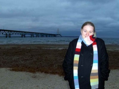 This shot was taken at Mackinac Bridge, St. Ignace Michigan in December of 2005. It was taken by her husband, Richard. Aint she cute?