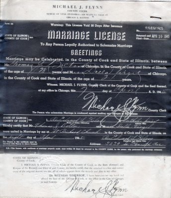 Thomas Joseph Bolton and Dahlia Virgili Marriage License 4/7/1945