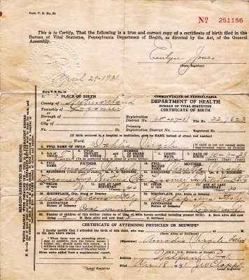 Dahlia Virgili Birth Certificate - 3 Oct 1923