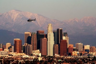 Downtown LA in Late Afternoon Light with LAPD Chopper