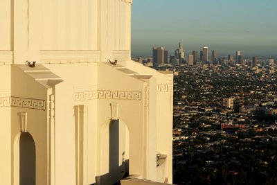 Griffith Observatory Architecture Detail and Downtown Los Angeles