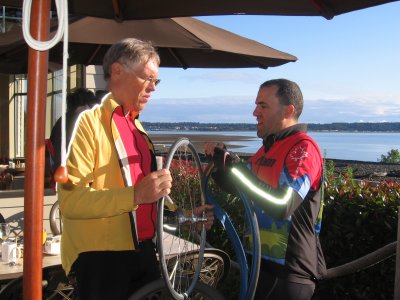 Vic and Jerome at the Kingfisher Inn, Courtenay - a nice place to fix a tire