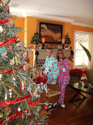 David Alex and Me by the Tree in Our Doggie and Kitty Cat Pajamas