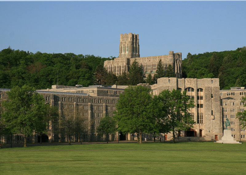 Cadet Chapel and barracks, USMA, West Point, from the Plain
