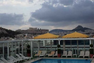 Roof top Marriott pool, with Parthenon and Lycabettus views.