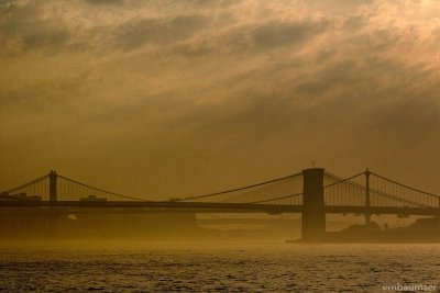 Brooklyn Bridge Under Clouds and Fog