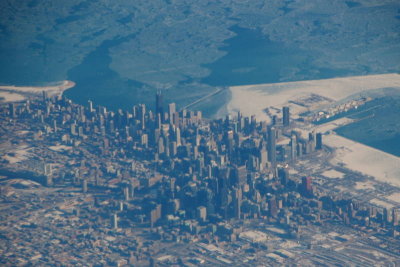 Frozen Chicago and Lake Michigan from 30,000'