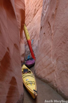 We had to flip the kayaks over to head back out of the canyon