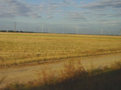 On the way to Budapest by train - field of windmills