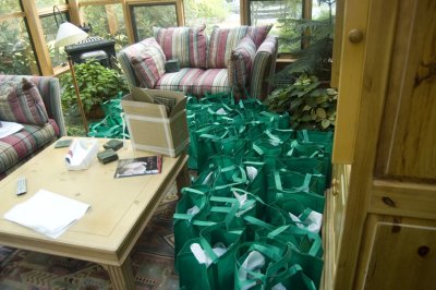 A few of the welcome bags we assembled for the quests