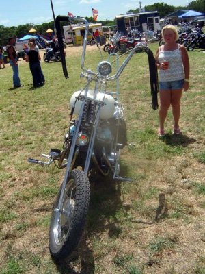 Ape hangers on this old school bike accompanied a kick start only and foot clutch and suicide shifter