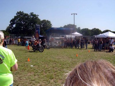 Slow race. Foot down or first across the finish line and you lose.